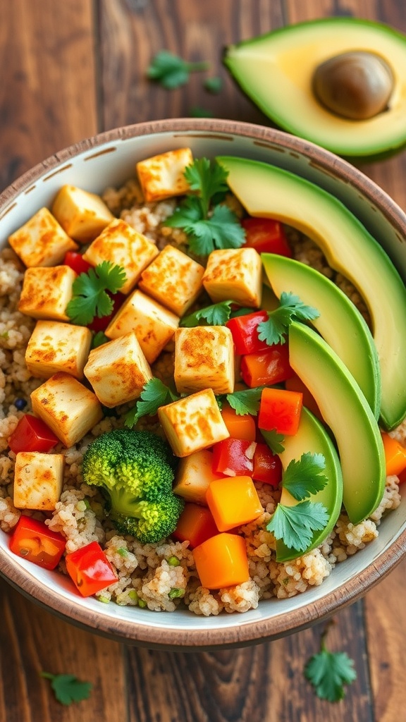 A healthy quinoa and tofu bowl with crispy tofu, broccoli, bell peppers, and avocado, garnished with cilantro.